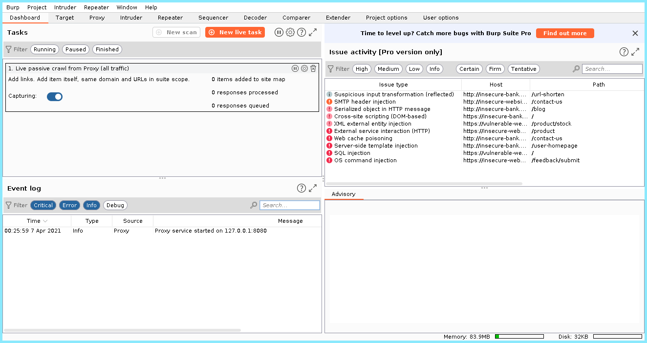 Tab DashBoard của Burp Suite