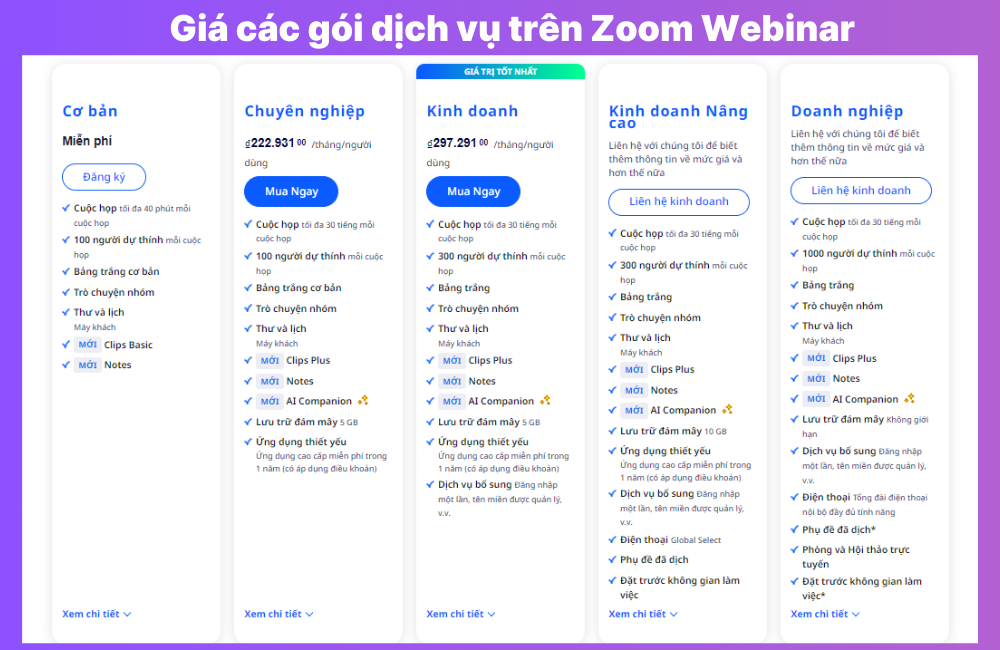 Giá các gói dịch vụ trên Webinar