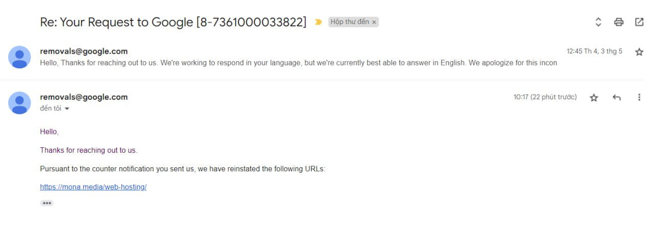 Kiểm tra email phản hồi của Google để check kháng cáo DMCA thành công