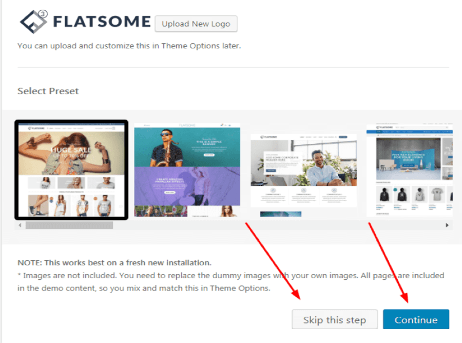 skip hoặc continue cài đặt theme flatsome