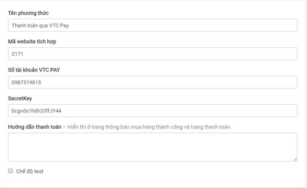 Điền thông tin để tích hợp VTC Pay cho website
