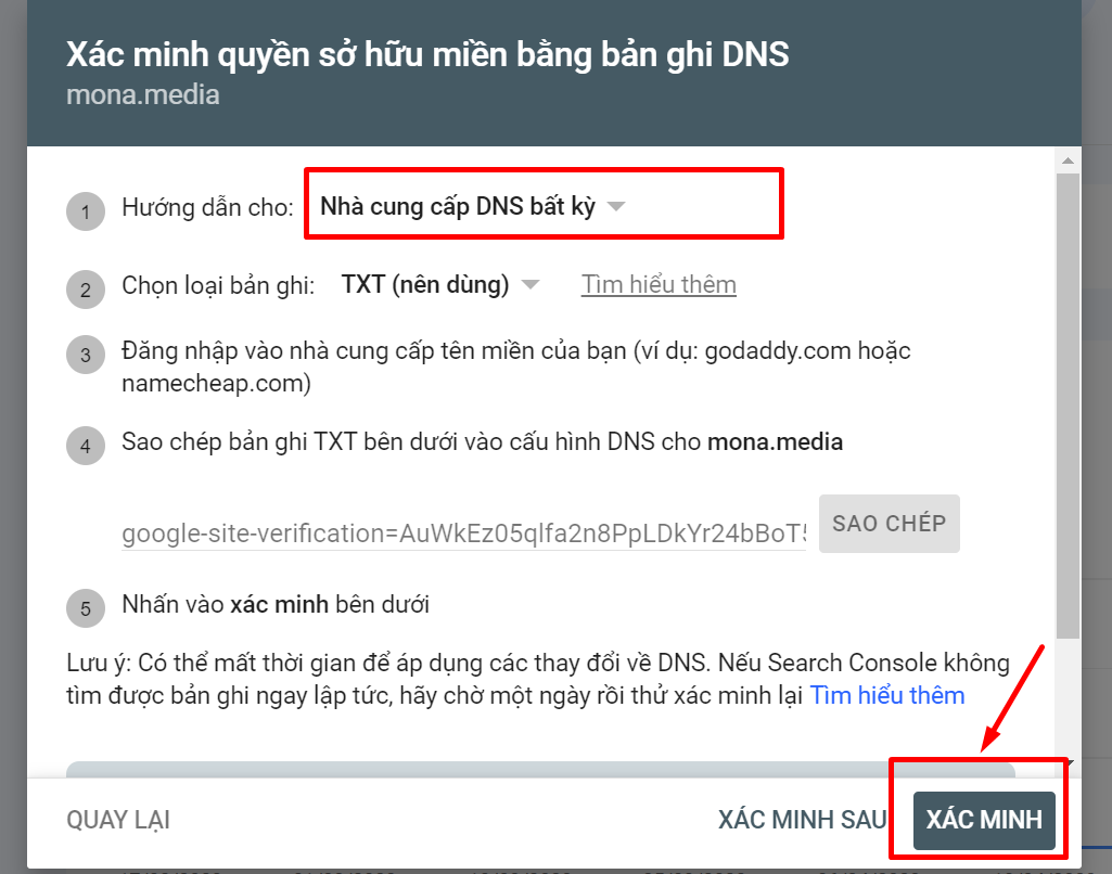 Xác minh quyền sở hữu bằng nhà cung cấp DNS